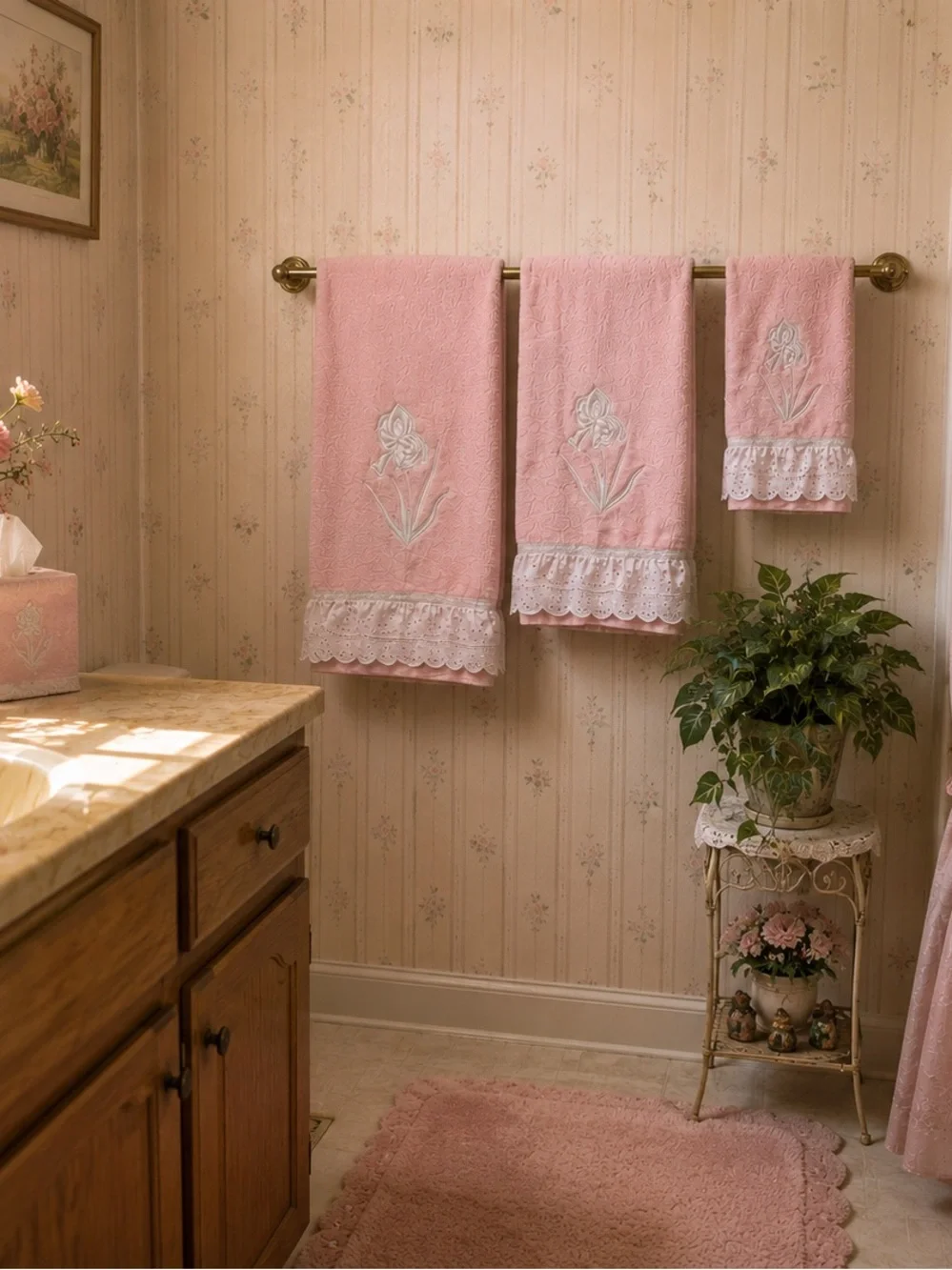 Vintage R.A. Briggs Pink Iris Towel Set Lace Trim Bath Hand Washcloth NWT